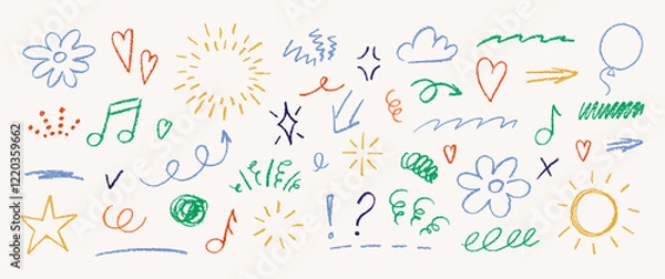 Obraz Set of doodle hand drawn elements for text with crayon or pastel texture. Arrows, shapes and frames. Chalk color vector illustration on the white background.