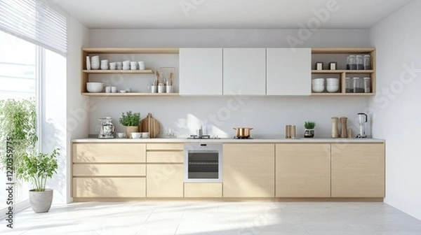 Fototapeta Minimalist kitchen with light wood cabinets, open shelving, and clean countertops in a bright, modern space