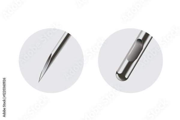 Fototapeta Tip of a Stainless Needle and Cannula tube in the gray circle. Part of medical equipment that difference kind. Aesthetic and doctor used to injection, piercing skin, cut tissue and treatment.