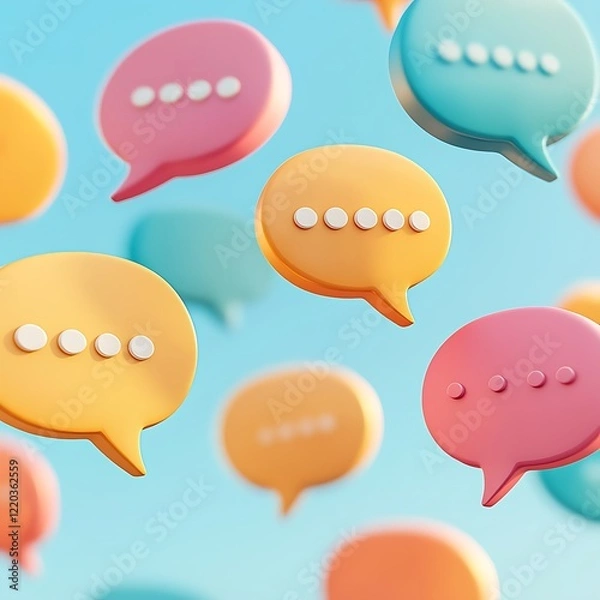Fototapeta user review experience verified Colorful speech bubbles floating against a blue sky, symbolizing communication and dialogue.