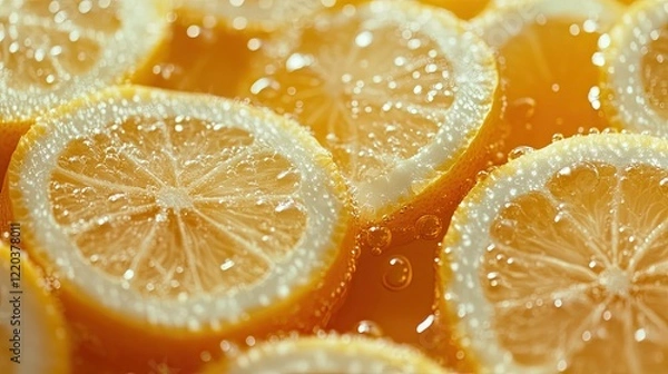 Fototapeta A macro shot of lemon water in a glass with condensation and fresh lemon slices arranged beside it.