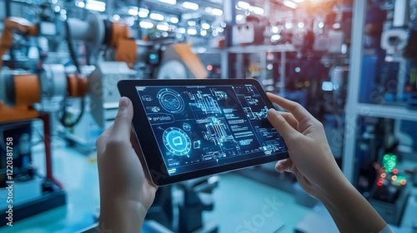 Fototapeta Smart Industry Control Concept: Hands Holding Tablet with Data