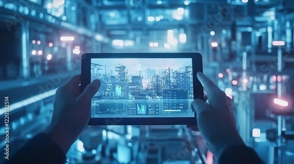 Fototapeta Smart Industry Control Concept: Hands Holding Tablet with Data