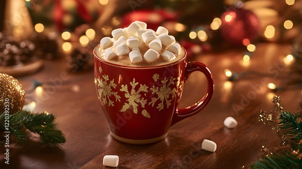 Fototapeta A classic hot cocoa topped with marshmallows and a pinch of sea salt, served in a festive mug for a perfect holiday treat.