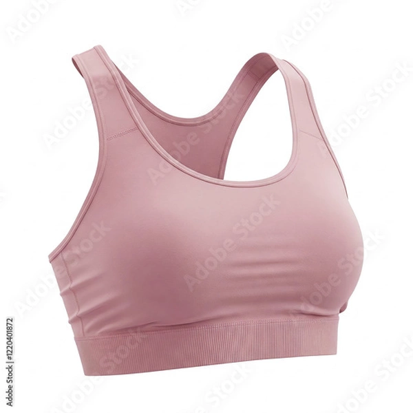 Fototapeta Empty white background display of a slim fit pink woman's sport bra mockup with folds and creases accentuated, copy space