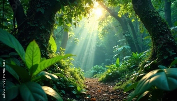 Fototapeta Dense foliage obstructs sunlight in a shaded clearing, tropical, jungle