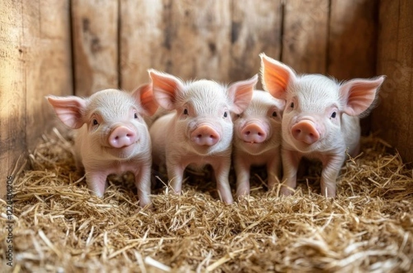 Fototapeta Charming Group of Four Adorable Piglets Snuggling Together in a Cozy Barn Setting with Fresh Straw and Warm Wooden Walls, Perfect for Farm Life Imagery