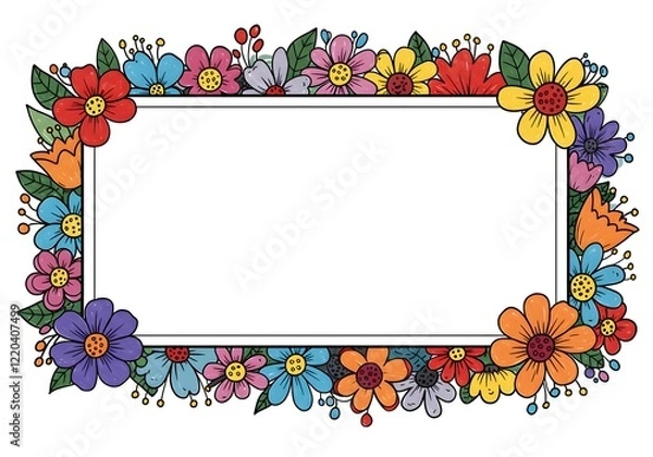 Fototapeta A playful floral border with bright, colorful doodle flowers and plenty of space in the middle