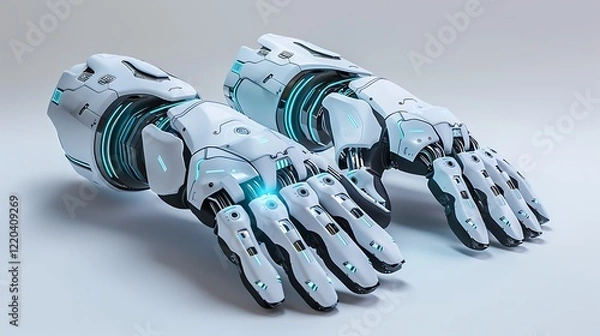 Obraz A pair of gloves with built-in smart controls and futuristic designs, positioned on white.