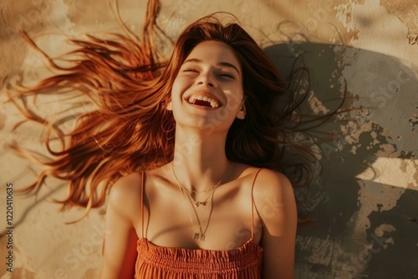 Fototapeta Young redhead woman with long hair, wearing an orange top and gold necklaces, smiling while lying on the ground