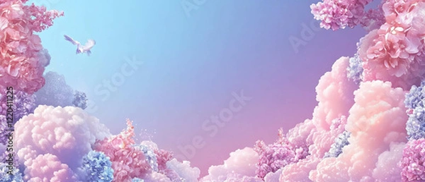 Obraz Colorful pastel holographic clouds and flowers create a dreamy abstract background
