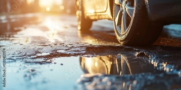 Fototapeta Close-up of a damaged asphalt road with a large pothole filled with water, reflecting sunlight near the wheel of a car, highlighting infrastructure issues, Generative AI