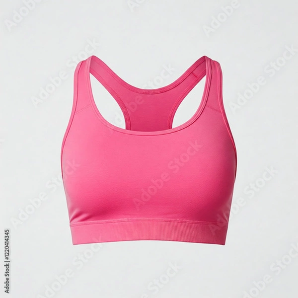 Fototapeta Empty white background display of a slim fit shocking pink woman's sport bra mockup with folds and creases accentuated, copy space