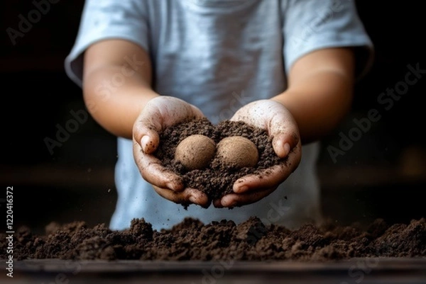 Obraz Child joyfully holds two seed balls made from soil in hands, illustrating a desire to nurture nature and growth in a garden space. Generative AI