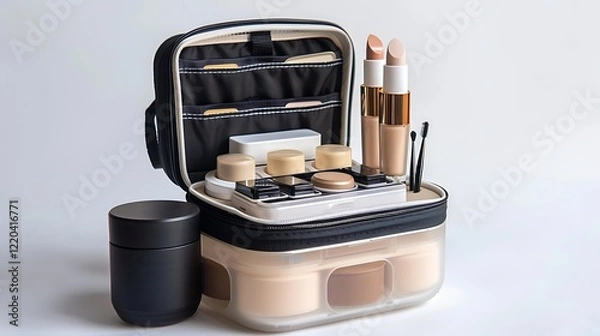 Obraz A portable makeup organizer with refillable containers for foundation, blush, and eyeliner, photographed on white.