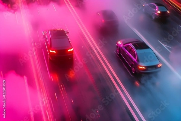 Fototapeta A car is driving down a road with a lot of smoke coming out of it