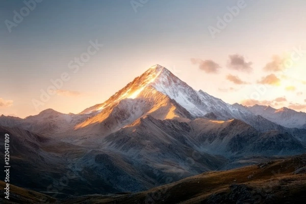 Fototapeta Majestic mountain peak illuminated by sunset in a remote wilderness at golden hour. Generative AI