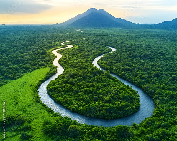 Obraz Aerial view of meandering river through lush green jungle, mountains in background. Perfect for travel brochures