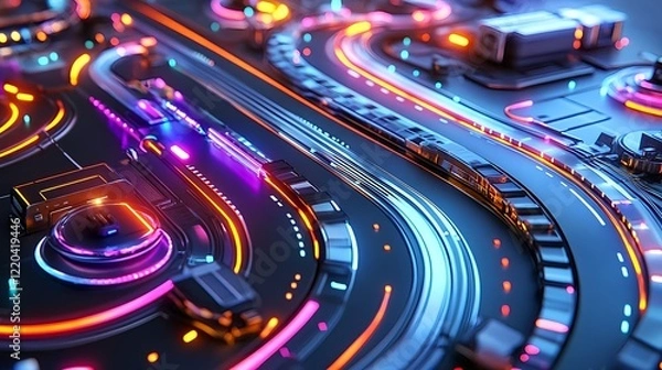 Fototapeta neon circuit board tech background - futuristic technology