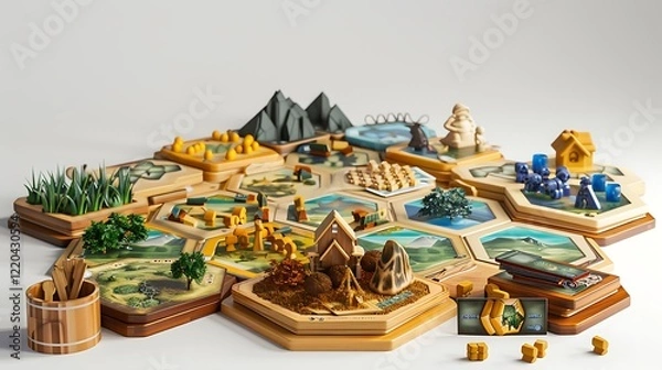 Fototapeta A Settlers of Catan game set with hexagonal tiles, cards, and player pieces, displayed on white.