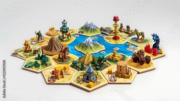 Obraz A Settlers of Catan game set with hexagonal tiles, cards, and player pieces, displayed on white.