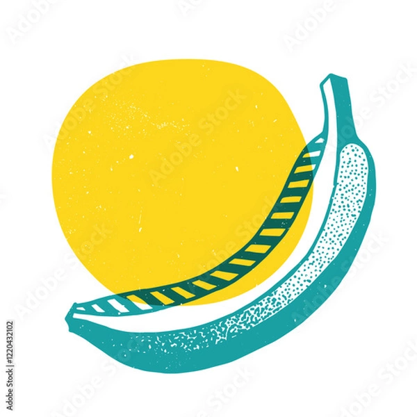 Fototapeta Banana with geometric shape. Colorful cute screen printing effect. Riso print. Vector illustration. Graphic element for print