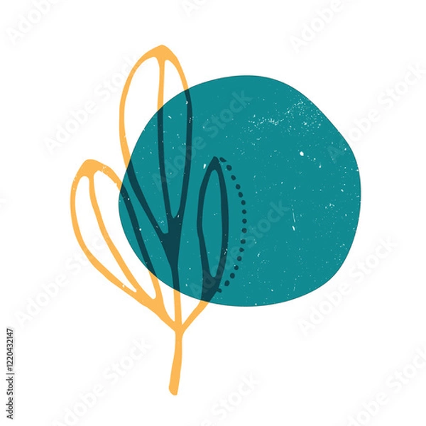 Fototapeta Leaves and flowers with geometric shape. Colorful cute screen printing effect. Riso print. Vector illustration. Graphic element for print