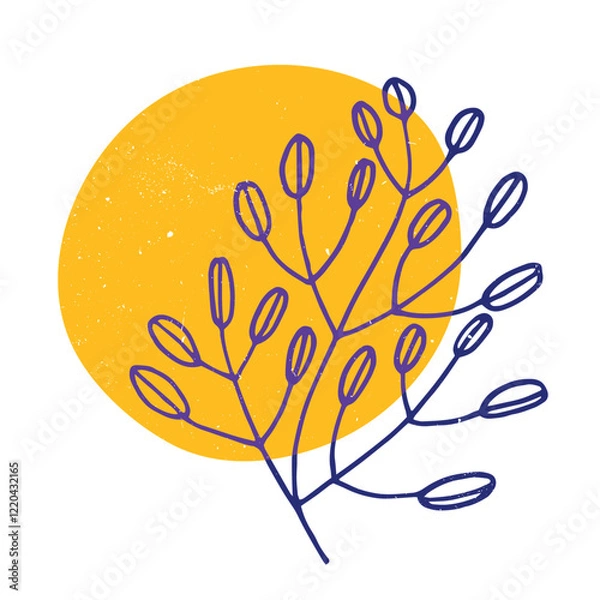 Fototapeta Leaves and flowers with geometric shape. Colorful cute screen printing effect. Riso print. Vector illustration. Graphic element for print