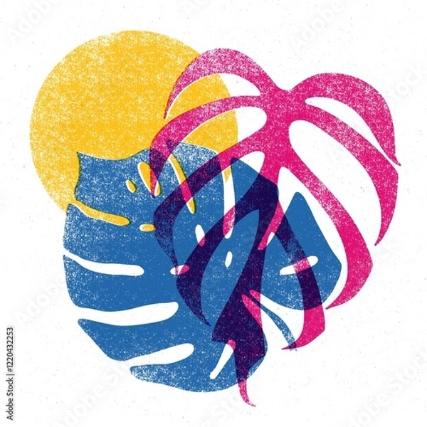 Fototapeta Colorful leafs and geometric shapes in trendy riso graph design. Geometry elements with multiesxposure effect, abstract risograph print texture style.