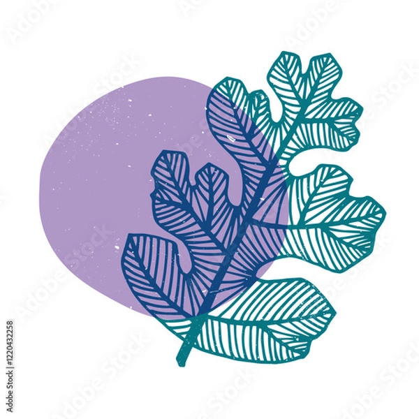 Fototapeta Leaf with geometric shape. Colorful cute screen printing effect. Riso print. Vector illustration. Graphic element for print