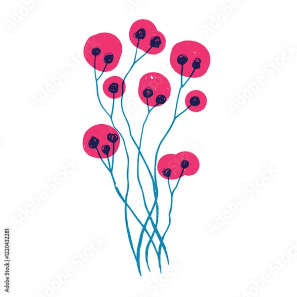 Fototapeta Leaves and flowers with geometric shape. Colorful cute screen printing effect. Riso print. Vector illustration. Graphic element for print