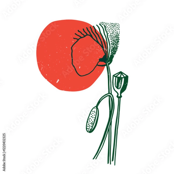 Fototapeta Leaves and flowers with geometric shape. Colorful cute screen printing effect. Riso print. Vector illustration. Graphic element for print