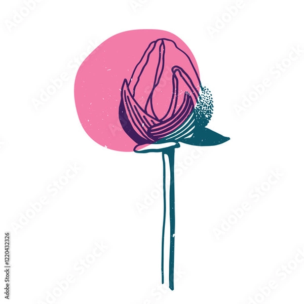 Fototapeta Leaves and flowers with geometric shape. Colorful cute screen printing effect. Riso print. Vector illustration. Graphic element for print