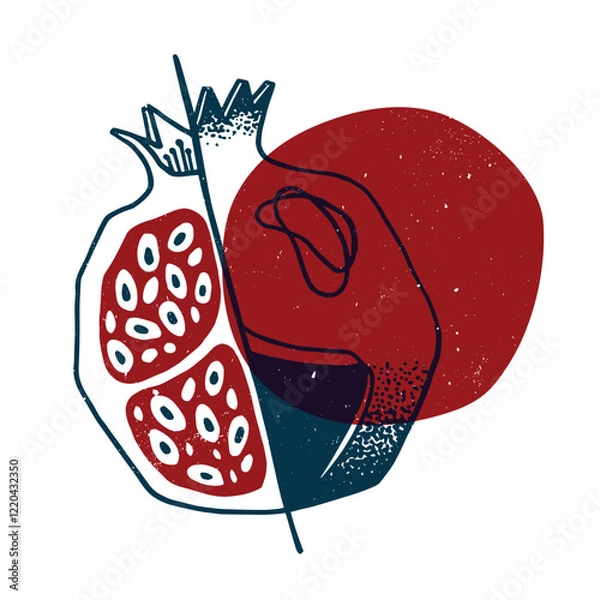 Fototapeta Pomegranate with geometric shape. Colorful cute screen printing effect. Riso print. Vector illustration. Graphic element for print