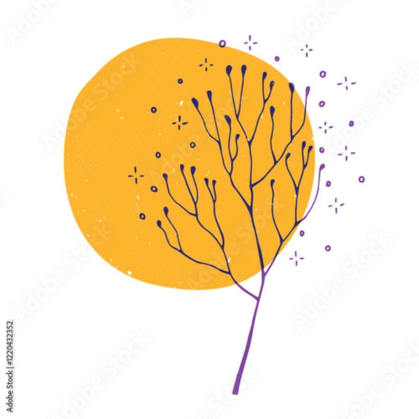 Fototapeta Leaves and flowers with geometric shape. Colorful cute screen printing effect. Riso print. Vector illustration. Graphic element for print