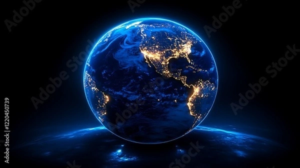 Fototapeta A blue Earth with lights on it centered, Realistic 3d planet earth