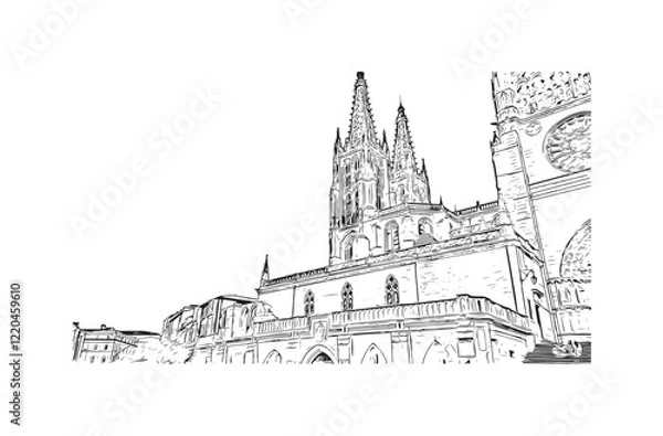 Fototapeta Print Building view with landmark of Burgos city in Spain. Hand drawn sketch illustration in vector.