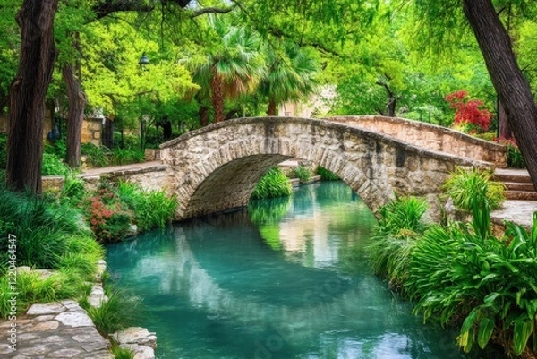 Fototapeta Stone arch bridge crossing the san antonio river walk in texas