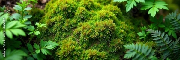 Fototapeta Earthy moss texture amidst delicate ferns greenery, abstract composition, organic, greens, natural
