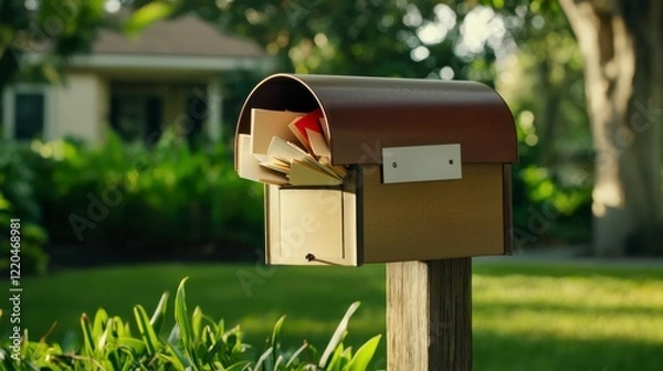 Fototapeta Rustic mailbox with an open lid revealing letters nestled inside, set against a lush green garden backdrop