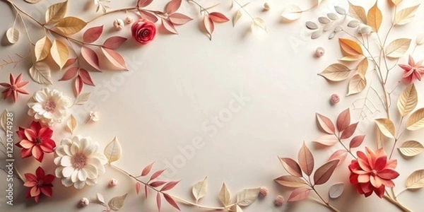 Fototapeta Elegant floral arrangement with autumnal hues and delicate paper flowers and leaves forming a frame
