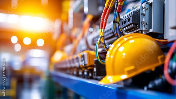 Obraz Industrial Safety Close Up of Yellow Hard Hat Among Complex Machinery and Wiring in a Factory Setting
