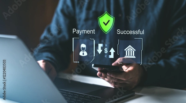 Fototapeta Digital payment process with holographic icons on a dark background.
