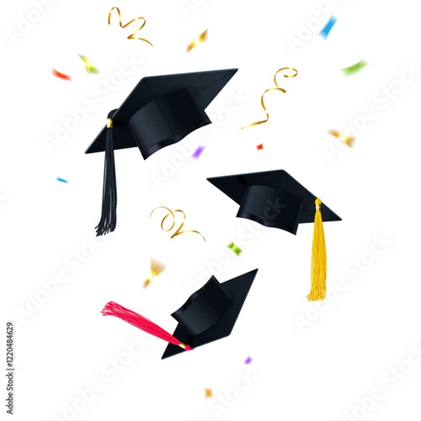 Obraz Graduation Caps Thrown Into the Sky and Colorful Confetti