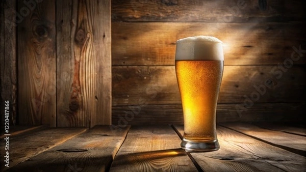 Fototapeta A refreshing pint of golden beer sits on a rustic wooden table