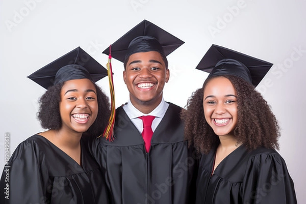 Obraz Group of smiling Black students on white background, embodying diversity, positivity, and collaboration in an academic or university setting, showcasing youthful energy and success. Png cut out.