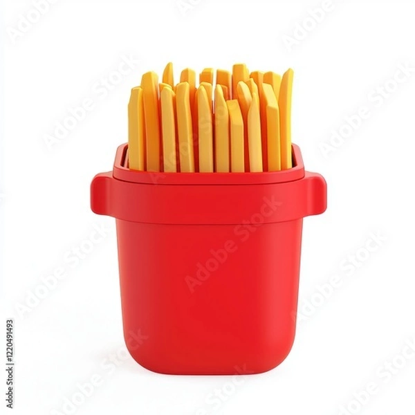 Fototapeta 3D icon cartoon French fries in a red container isolated on a white background -