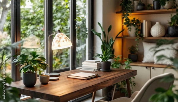 Fototapeta Cozy Home Office with Wooden Desk, Indoor Plants, Large Windows, and Natural Light