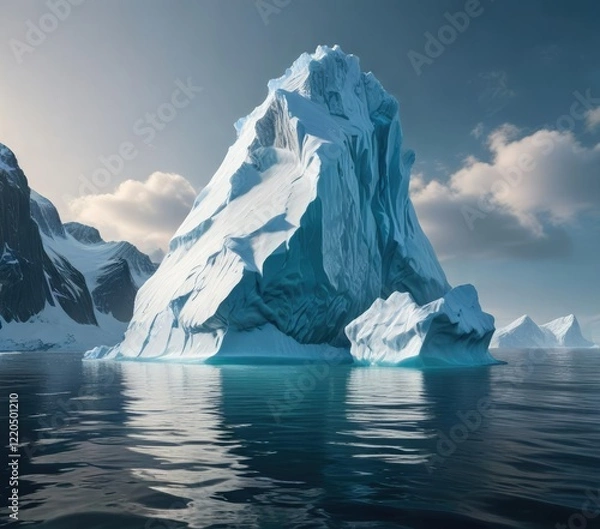 Fototapeta A majestic iceberg floating in calm ocean waters, calm seas, frozen tundra, frozen lake