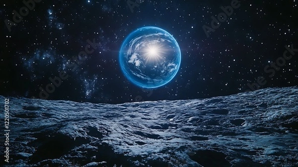 Fototapeta A blue planet with rings floats in the sky with glowing sun